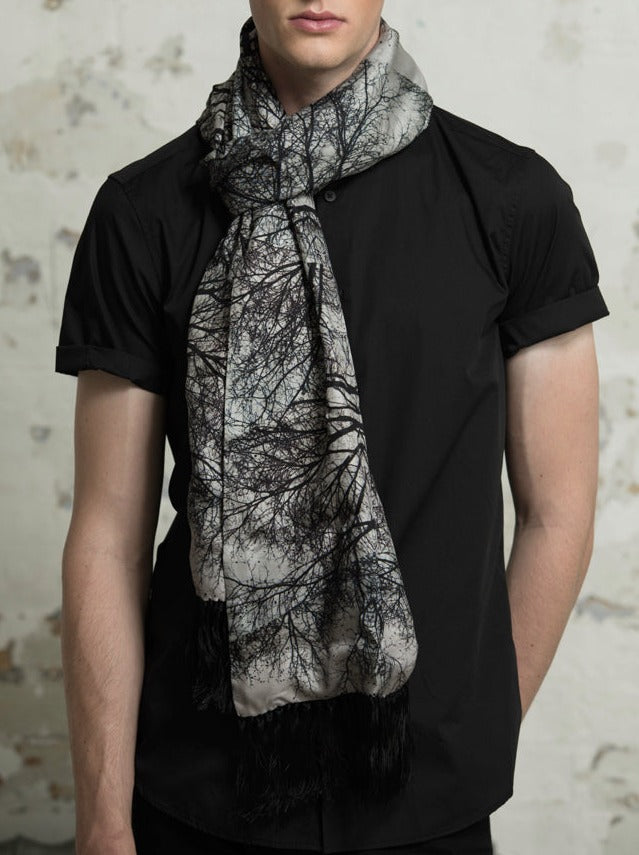 Hamadryad Long Silk Twill & Cashmere Double Sided Scarf with Tassel