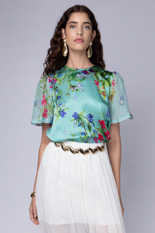St Piece Betty silk satin top with chiffon sleeves in Celeste Turquoise