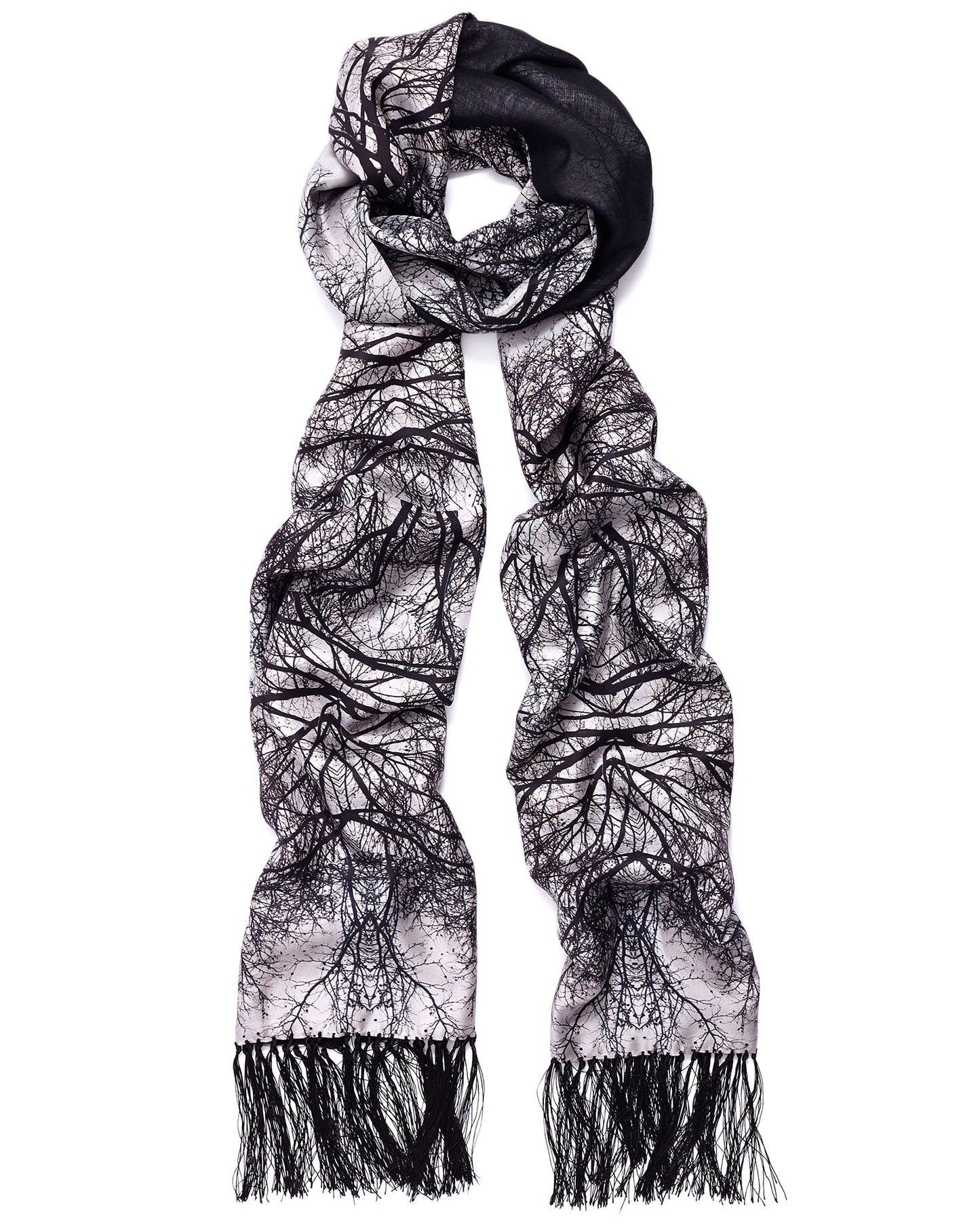 Hamadryad Long Silk Twill & Cashmere Double Sided Scarf with Tassel