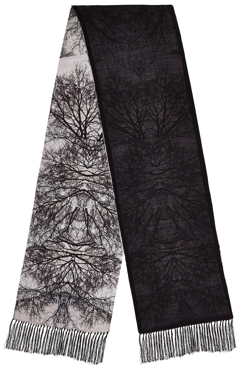 Hamadryad Long Silk Twill & Cashmere Double Sided Scarf with Tassel